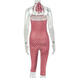 Women's Slim Fit Sexy Strapless Fashion Print Polka Dot Halter Neck Jumpsuit