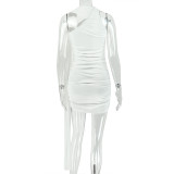 Women's Career Solid Color Ruched Slash Shoulder Lace-Up Luxury Mini Bodycon Dress