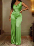 Women's Satin Sleeveless Cowl Neck Slim Waist Wide Leg Pants Jumpsuit