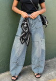 Women's Street Pocket Cutting Line Waist Silk Scarf Denim Pants