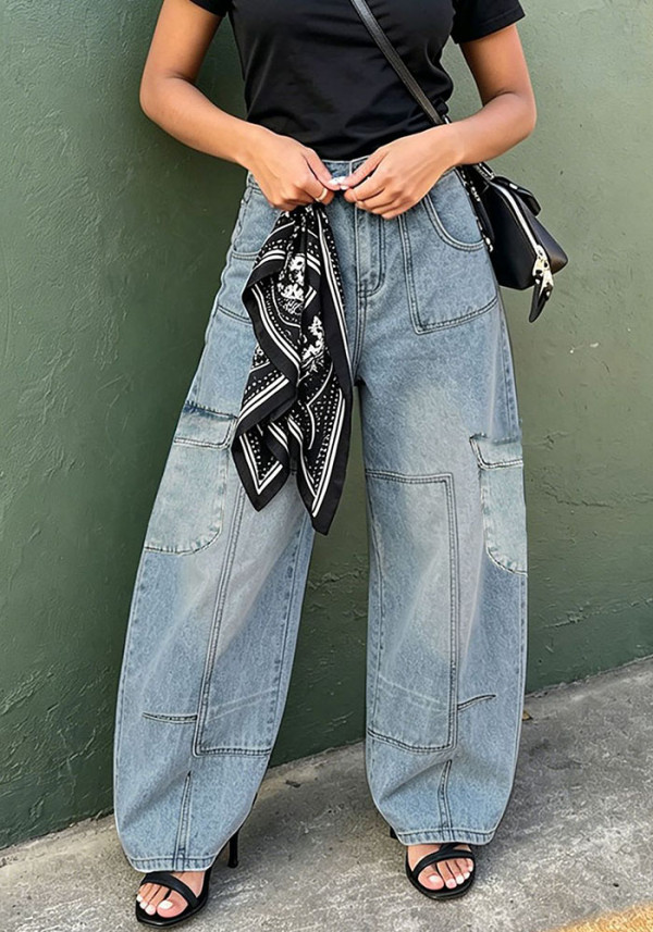 Women's Street Pocket Cutting Line Waist Silk Scarf Denim Pants