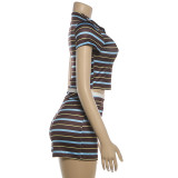 Women's Summer Fashion Chic Street Trend Striped Print Slim Fit Top Pants Set