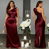 Women's Elegant Solid Color Satin Slash-Shoulder Slim Slit Floor-Length Formal Party Evening Gown