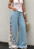 Women's Stretch Denim Contrast Color Lace Patchwork Design Wide Leg Pants