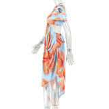 Women's Summer Print Contrast Color Strapless Slash Shoulder Low Back Long Dress