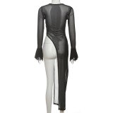 Women's Spring Sexy Mesh See-Through Slim Fit Open Waist Round Neck Bell Sleeve Top