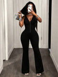 Women's American Hooded Sleeveless Low Back Zipper Slim Fit Flare Long Pants Jumpsuit