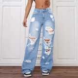 Women's Ripped Washed High Waist Straight Leg Loose Denim Long Pants Jeans