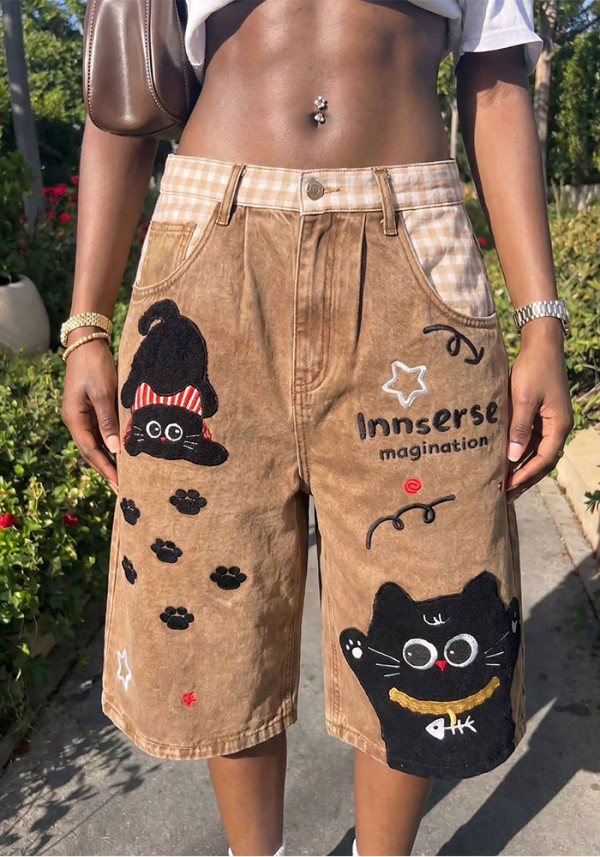 Women's Cat Towel Embroidered Patchwork Plaid Capri Denim Pants