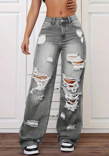 Women's Ripped Washed High Waist Straight Leg Loose Denim Long Pants Jeans