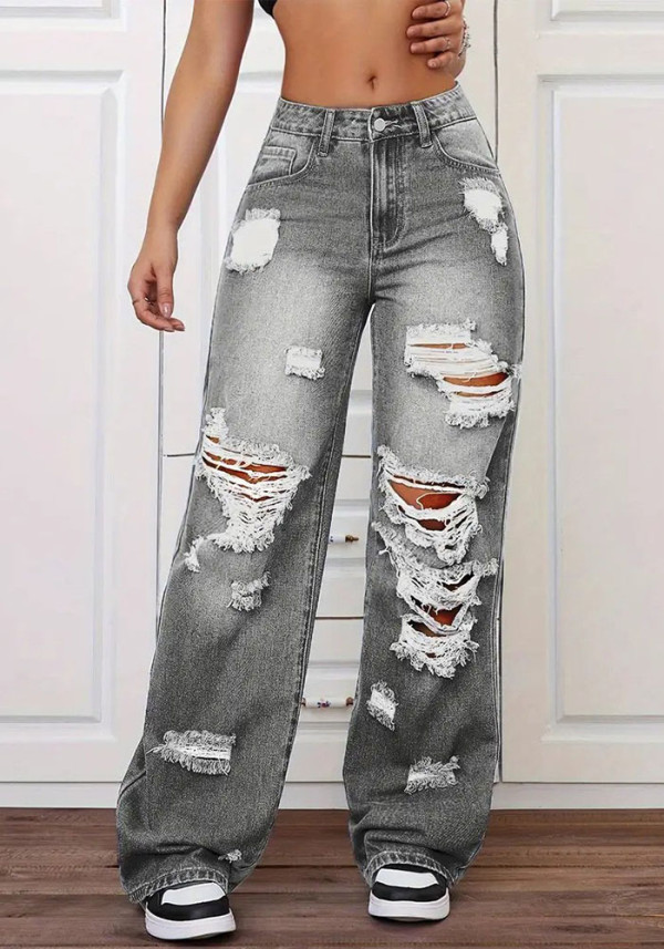 Women's Ripped Washed High Waist Straight Leg Loose Denim Long Pants Jeans