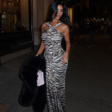 Women's Fashion Zebra Stripe Print Cross Strap Slim Fit Sexy Long Dress