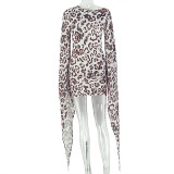 Women's Fashion Leopard Print Slim Waist Slash Shoulder Long Sleeve Mini Bodycon Dress