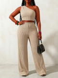 Women's Summer One-Shoulder Tight Fitting Crop Top and Wide Leg Pants Two-Piece Set