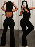 Women's American Hooded Sleeveless Low Back Zipper Slim Fit Flare Long Pants Jumpsuit