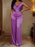 Women's Satin Sleeveless Cowl Neck Slim Waist Wide Leg Pants Jumpsuit