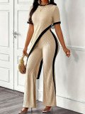 Women's Summer Asymmetric Long Top and Slim Fit Contrast Color Pants Two-Piece Set