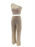 Women's Summer One-Shoulder Tight Fitting Crop Top and Wide Leg Pants Two-Piece Set