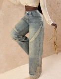 Women's Summer American Distressed Patchwork Wide Leg Plus Size Denim Pants