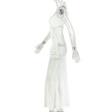 Women's Holidays Solid Color Slightly Elastic Lace-Up Halter Neck Sexy Mesh Long Dress