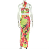 Women's Print Holidays Beach Casual Strapless Halter Neck Sleeveless Two-Piece Long Skirt Set