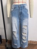 Women's Ripped Washed High Waist Straight Leg Loose Denim Long Pants Jeans