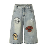 Women's Flocking Embroidered Puppy Capri Denim Shorts