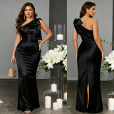 Women's Elegant Solid Color Satin Slash-Shoulder Slim Slit Floor-Length Formal Party Evening Gown