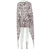 Women's Fashion Leopard Print Slim Waist Slash Shoulder Long Sleeve Mini Bodycon Dress