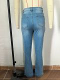 Women's Large Hole Pearl Straight Leg Mid-Waist Jeans