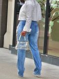 Women's Large Hole Pearl Straight Leg Mid-Waist Jeans