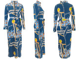 Women Printed Zipper Dress with Belt