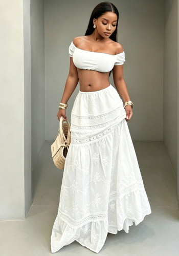 Women Beach Holidays Summer Sexy Off-Shoulder Strapless Top and Skirt Two-piece Set