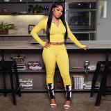 Women Hooded Long-Sleeved Zipper Top and Gathered Three-Piece Pants Two-Piece Set