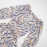Women Summer Striped Print Mesh Headband Drawstring Lantern Sleeve Dress