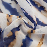 Women Summer Striped Print Mesh Headband Drawstring Lantern Sleeve Dress