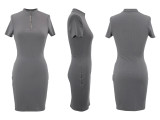 Women Short-Sleeved Bodycon Dress with Zippered Neckline