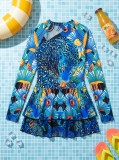 Women Bikini Mesh Patchwork Zipper Printed One-Piece Swimwear