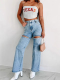 Women Chain Washed Ripped Denim Pant