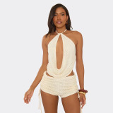 Women Summer Sexy Sleeveless Backless Halter Neck Top and Shorts Two-Piece Set
