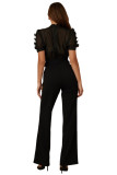 Women Casual Striped Lace Patchwork Short-Sleeve Wide-Leg Jumpsuit