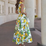 Women Summer Elegant Turndown Collar Printed Sleeveless Top Women two-piece set with skirt and suspenders