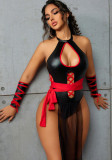 Women Sexy Hollow-Out Pu-Leather Halter Neck Backless One-Piece Lingerie Set