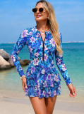Women Bikini Mesh Patchwork Zipper Printed One-Piece Swimwear