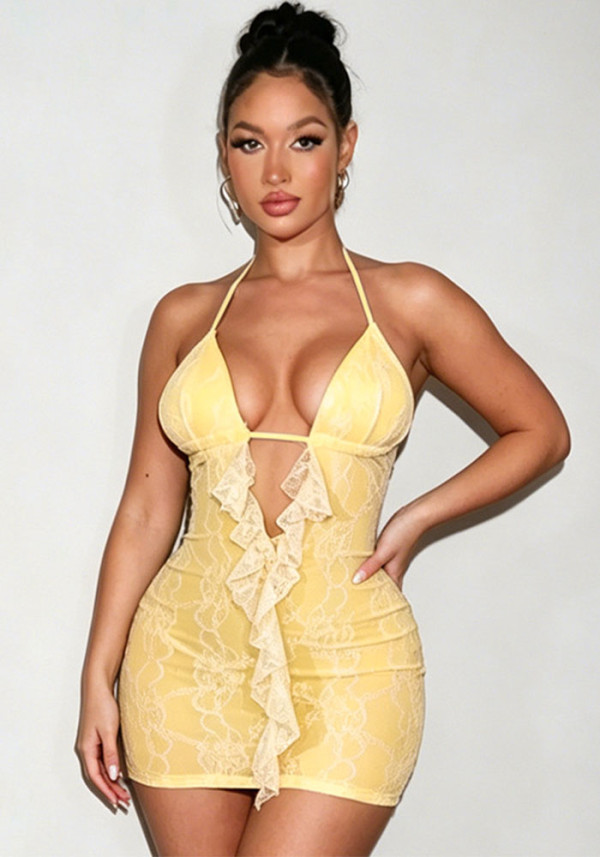 Women Summer Sexy Hollowed-Out Backless Sleeveless Lace Mini Dress