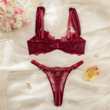 Women Burgundy Embroidered V-Neck Bra Hollowed-Out See-Through Lingerie Two-Piece Set