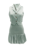 Women Turndown Collar Striped Sleeveless Vest and Tulip Skirt Two-Piece Set