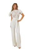 Women Casual Striped Lace Patchwork Short-Sleeve Wide-Leg Jumpsuit