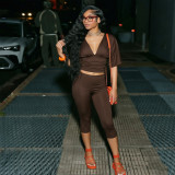 Women Solid Color V-Neck Ruffled Short Sleeve Top Tight Fitting Capri Pants Two-Piece Set