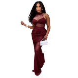 Women Summer Casual Mesh Patchwork Sleeveless Knot Gathered Dress
